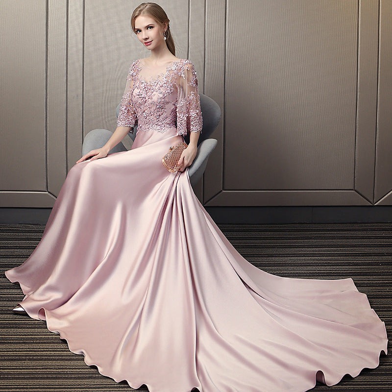 Pink Soft Satin Long Party Dresses with Lace Top, A-line Pink Evening Dresses Prom Dresses
